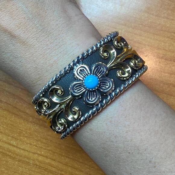 Carolyn Pollack Sterling, Brass, Leather Band 1 Turquoise Bracelet For Women - Picture 2 of 10